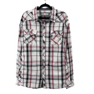 BKE Men's Athletic Fit Red/Gray/Black Plaid Snap Button 2XL Casual Top Buckle